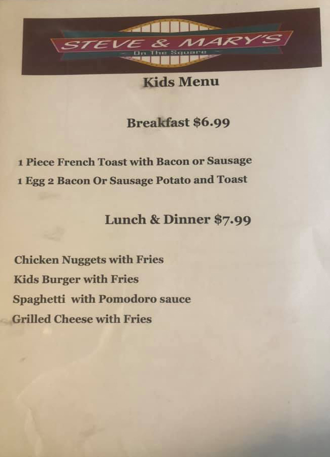 Steve and Mary's on the square - Kids menu